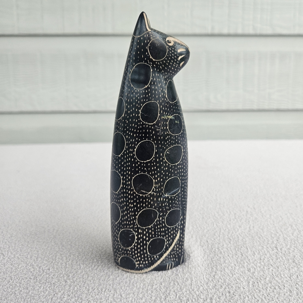 Soapstone Carved Serenity Cat Figurine Abstract Tall 6" Black African Egyptian - Picture 4 of 7